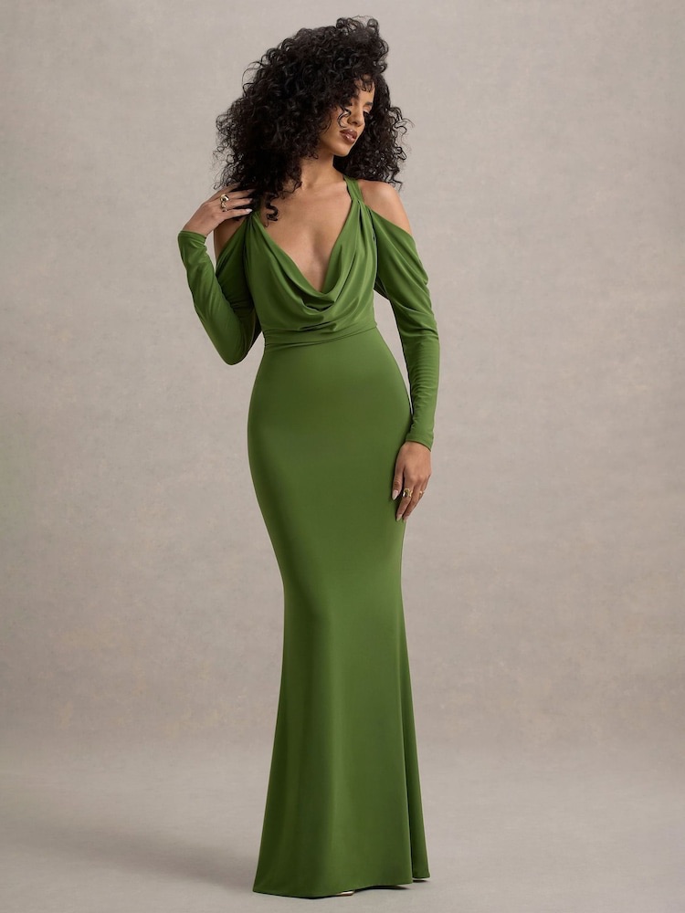 Nwt Club L London Hurghada Green Plunge Long Sleeve Maxi Dress Green Size 6